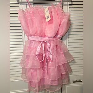 Pink Ruffled Mini Dress with Satin Belt